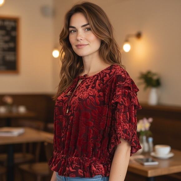 Free People Red Velvet Peasant Top Sz M Boho Whimsigoth Blouse Puff Sleeve Indie - Picture 6 of 9